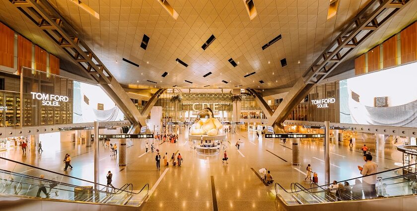 An inside view of a mall in Maharashtra with plush settings and bright coloured lights.