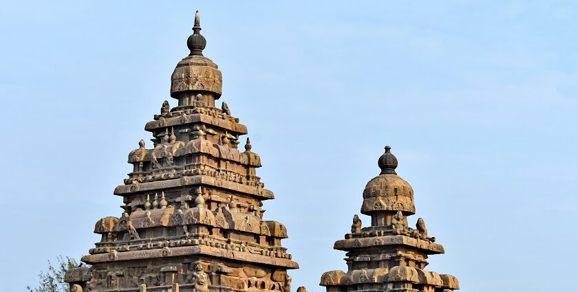 View of Shore Temple in Mahabalipuram, a UNESCO World Heritage site along India's coast.