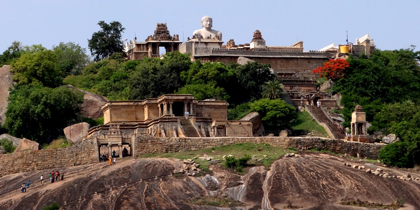 A serene view of the famous monuments and rustic terrains of Shravanabelagola, Karnataka.