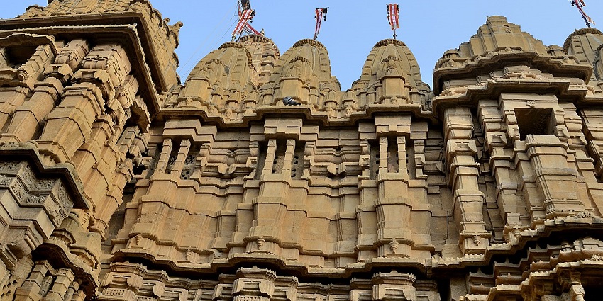 A detailed view of the intricately carved facade of Chandraprabhu Jain Temple in Chennai