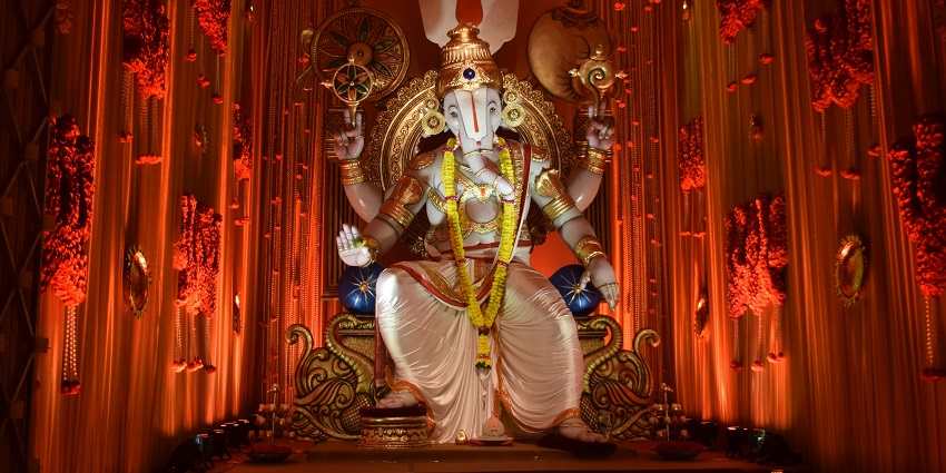 An inside view of a spiritual hub of the region featuring statue of the Lord Ganesha.