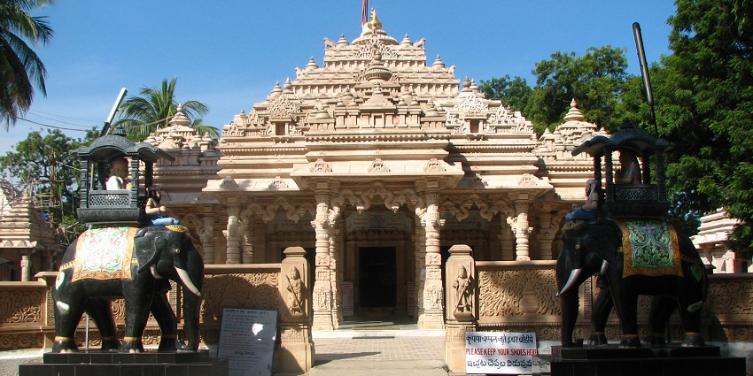 Wide angle view of the temple building showcasing the intricate architecture