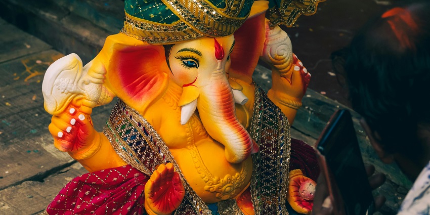 An inside view of a famous spiritual hub of the region featuring an idol of Ganesha.