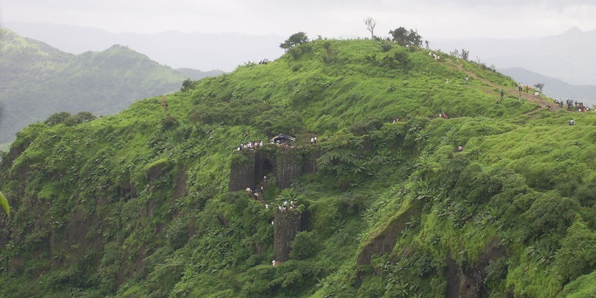 View of Sinhagad Fort; the fort is green in the monsoon season, and people from nearby areas