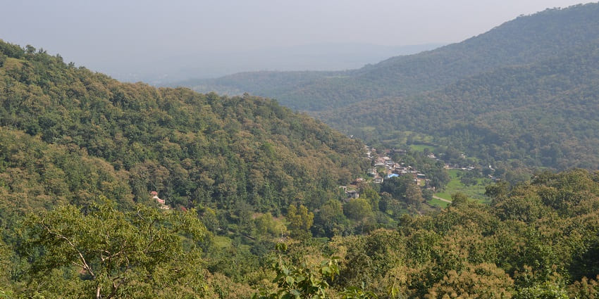 An image of lush greenery surrounding the historic Sinhagadh Fort, Pune, Maharashtra.