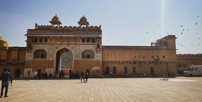 Gate of Sitabuldi Fort in Nagpur, Maharashtra, with a stone structure and clear sky.