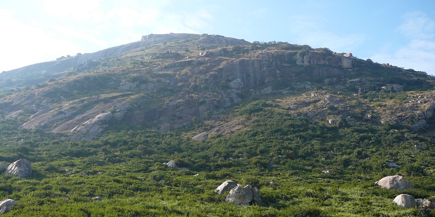Skandagiri Hills covered with patches of green vegetation under a clear, bright sky