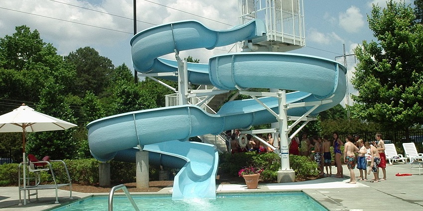 People enjoy various Skyline Water Park attractions, with slides and splash areas.