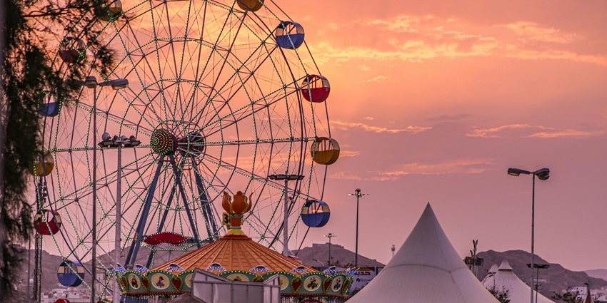 A large Ferris wheel in an amusement park during the day, surrounded by greenery and a partly cloudy sky in the background