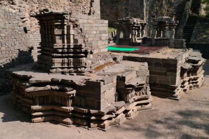 Ancient temple within Solapur Bhuikot Fort, showcasing historic architecture and design.