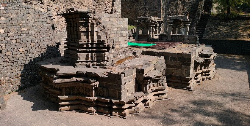 Ancient temple within Solapur Bhuikot Fort, showcasing historic architecture and design.