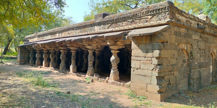 Historic mandap structure inside Bhuikot Fort, highlighting traditional architectural style.