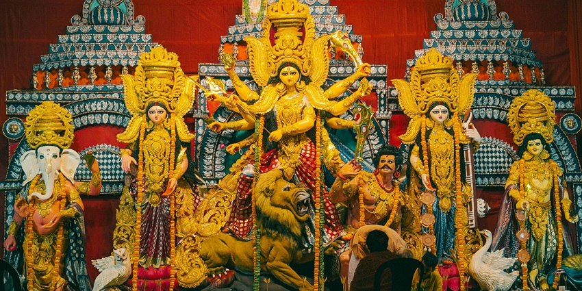 Sculpture in a traditional Buddha temple, featuring intricate carvings expressions