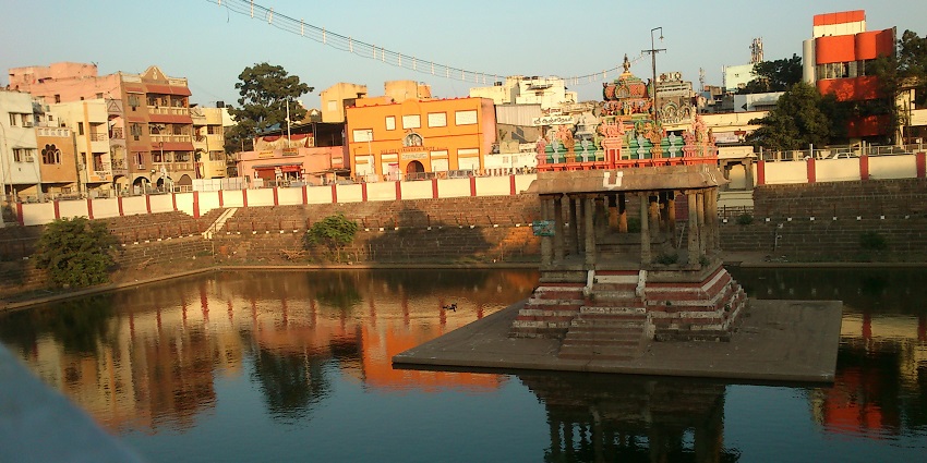 A temple tank in front of Sri Parthasarathy temple.