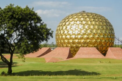 Matrimandir (the golden globe) in the destination state with scenic views.