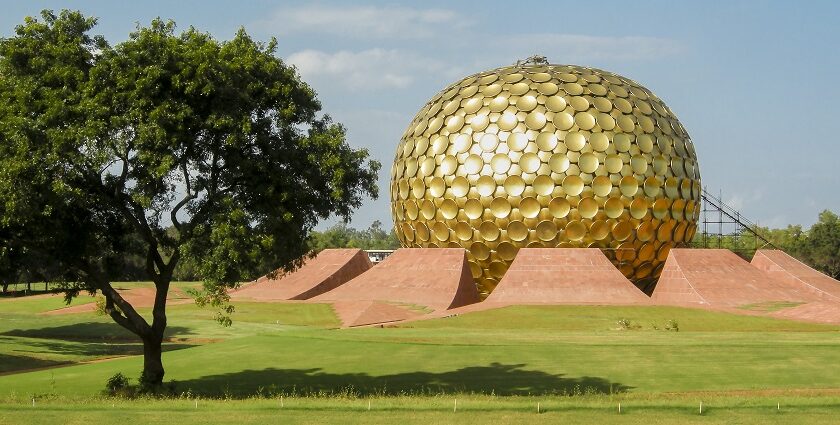 Matrimandir (the golden globe) in the destination state with scenic views.