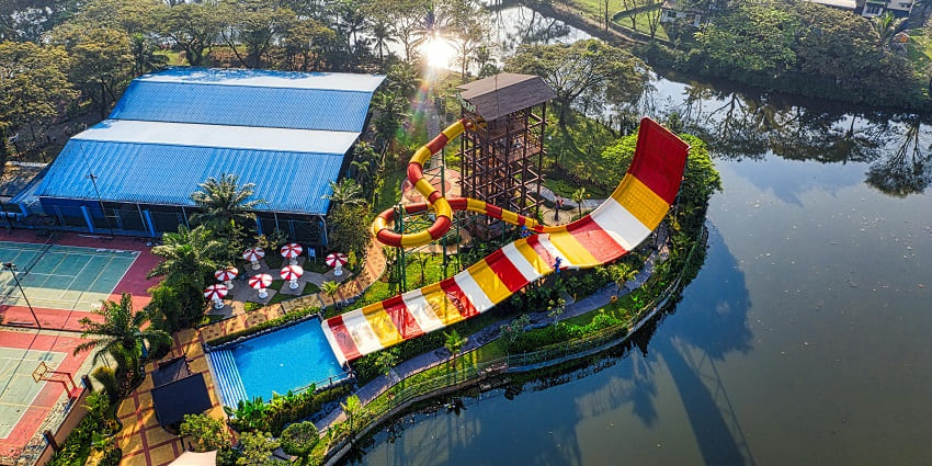 An aerial view of the famous Suraj Water Park, one of the best water parks in Mumbai.