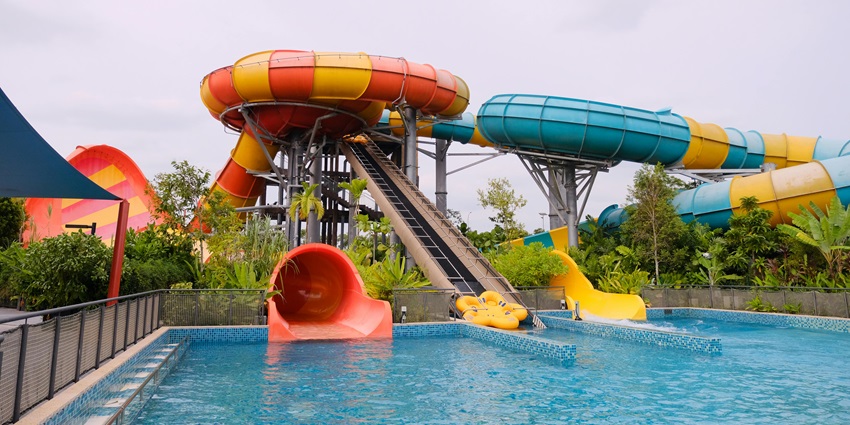 A colourful water slide twists into one of the best water in Ulhasnagar
