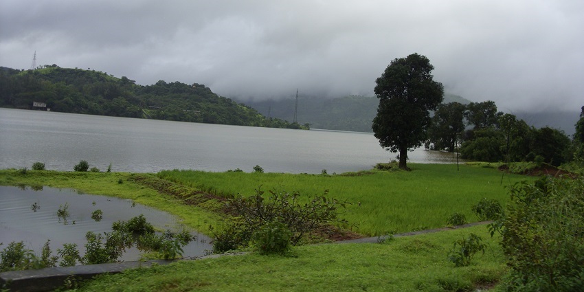 Tamhini ghat water flowing through the green landscape and hills covered in misty clouds