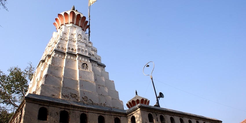 View of white shikhara of Chintamani Temple in Theur Village, Maharashtra.
