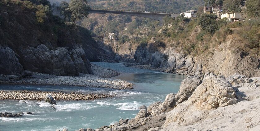 Beautiful view of Tattapani hot springs next to the Surej River with the bridge.