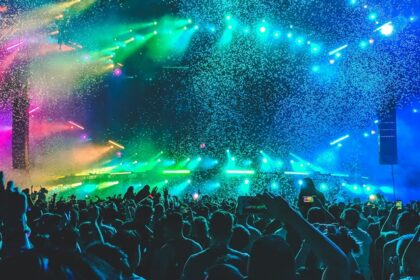 A vibrant shot of techno enthusiasts dancing to pulsating beats.