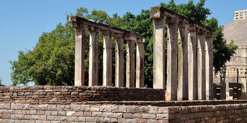 Explore the ruins of Temple 18, showcasing early Buddhist architecture at Sanchi.