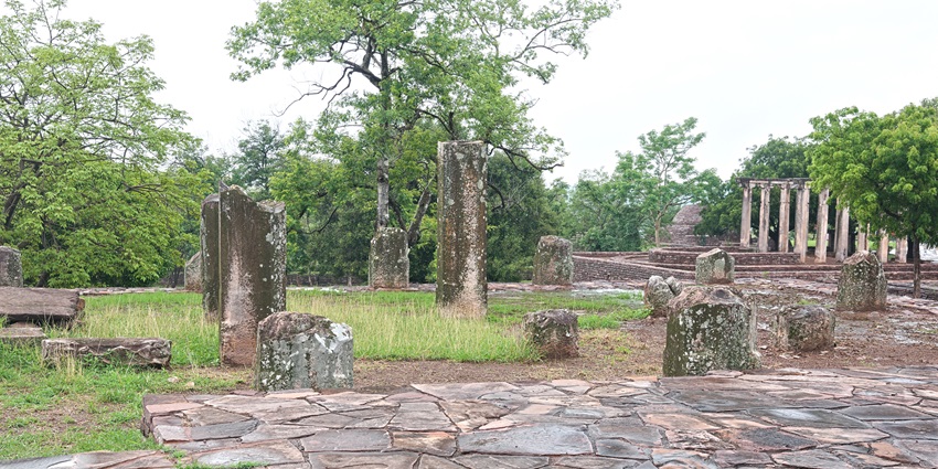 One of the places to visit in Sanchi is the historic temple 40 remains with stone pillars and steps.