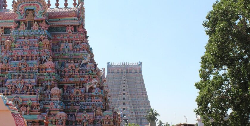 Picturesque view of the temples of the revered temple in and around Srirangam