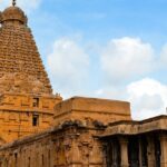 Image of beautiful Temple in Tanjore with golden reflection and clear sky background