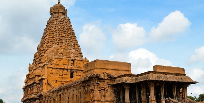 Image of beautiful Temple in Tanjore with golden reflection and clear sky background