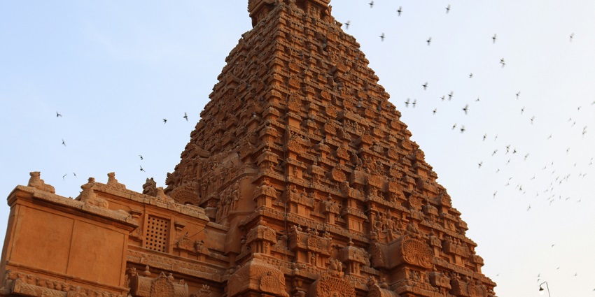 A view of the majestic Brihadeeswarar Temple at Thanjavur, famous for its architecture.