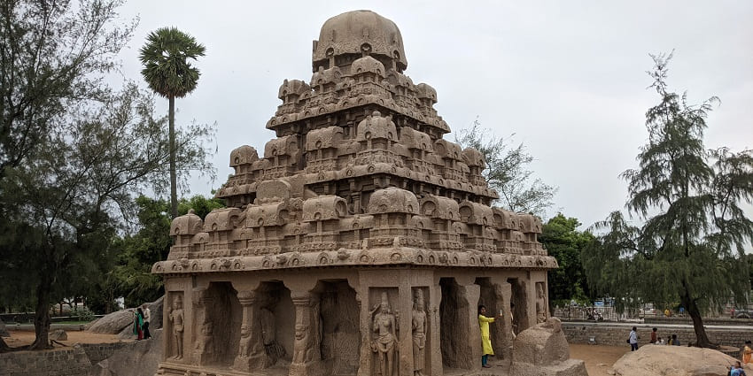 A picture of the Five Rathas which is one of the best things to do in Mahabalipuram.