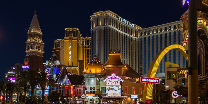 A night view of quaint The Venetian, Las Vegas, USA decked with shimmering lights.