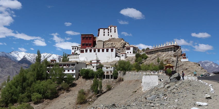 Thiksey Gompa, perched atop a hill, is affiliated with the Gelug school of Tibetan Buddhism.