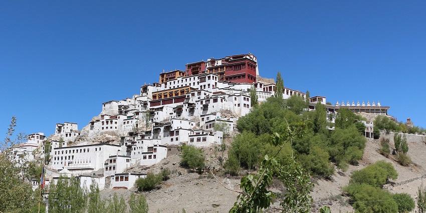 Beautiful scenic view of the Thiksey Monastery which is located at a distance from the Takthok Monastery