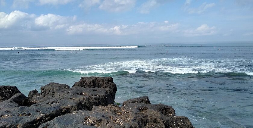 The beautiful view of Canggu beach with trees around and waves hitting the shore.