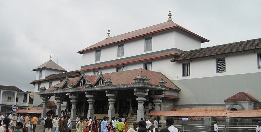 A Hindu temple in Dharmasthala with a traditional South Indian architectural style.