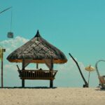 A cloudy weather picture with several shacks on the beach of Gili Trawangan island.