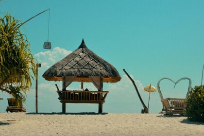 A cloudy weather picture with several shacks on the beach of Gili Trawangan island.