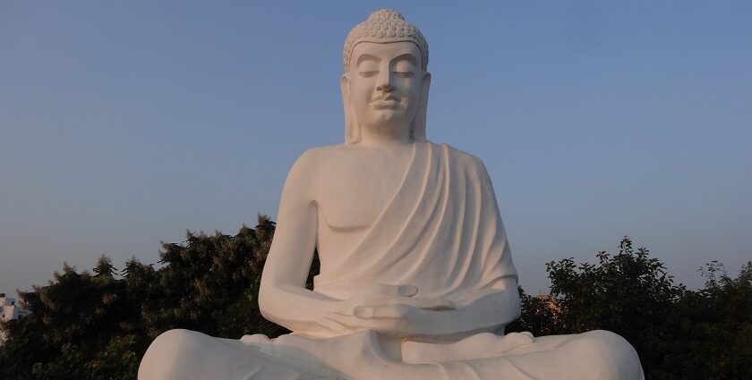 Peaceful view of Buddha Garden in Latur, with statues and serene natural surroundings.