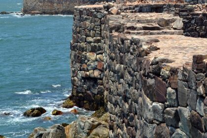 Aerial view of the historic Sindhudurg Fort in Malvan, surrounded by the Arabian Sea.