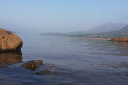 A beautiful image of Mulshi Lake with the Sahyadri mountain ranges in the background