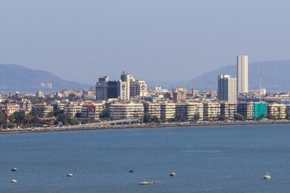 Panoramic view of Mumbai's skyline along Marine Drive against a sunset.