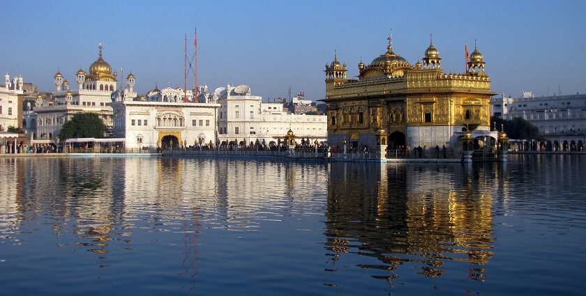 A beautiful view of the Akal Takht and Harmandir Sahib in Amritsar, Punjab.