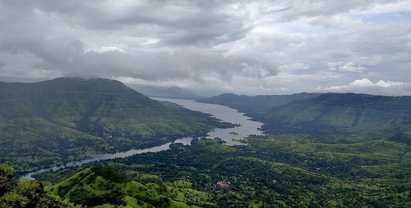 A panoramic view of a lush green landscape from Mahabaleshwar in Satara, Maharashtra