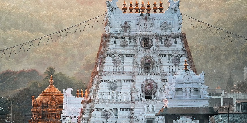 The image shows the Tirumala Temple, one of the oldest temples in Chennai