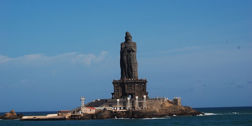 Majestic statue dedicated to poet Thiruvalluvar, symbolising wisdom and knowledge.