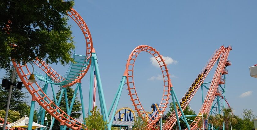 Inside Tiger eye adventure park, scene featuring a large rollercoaster