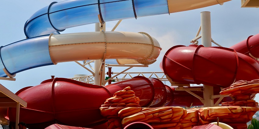 A close-up of a colourful, spiralling water slide at the leisure hub in Maharashtra.